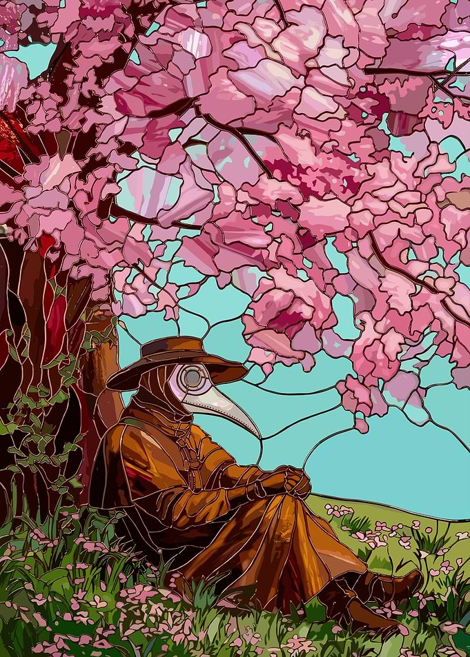 Plague Doctor Under Cherry Blossoms