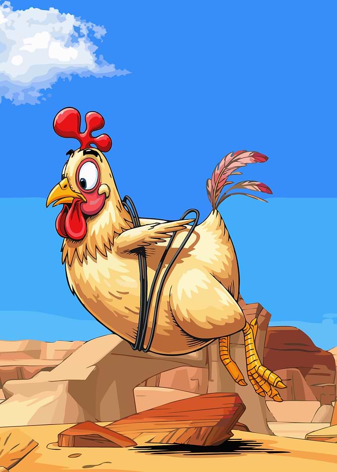 Cartoon Chicken on Slingshot in Desert