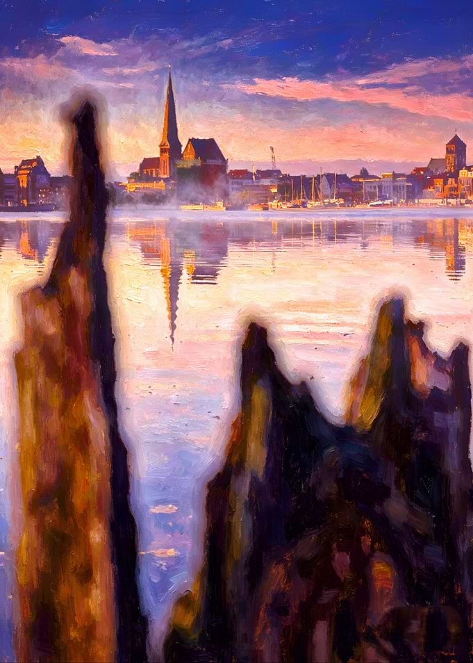 Impressionistic Seascape with Cityscape Reflection