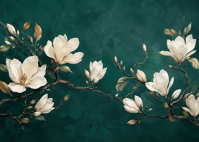 Magnolia flowers on a dark teal background