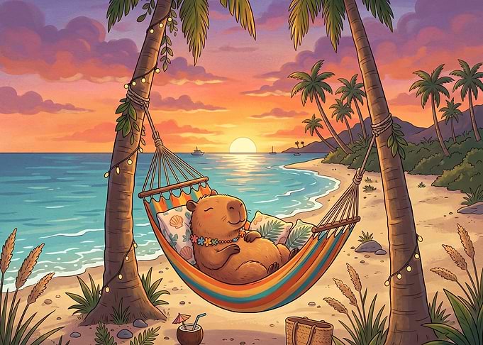 Capybara relaxing in a hammock at sunset