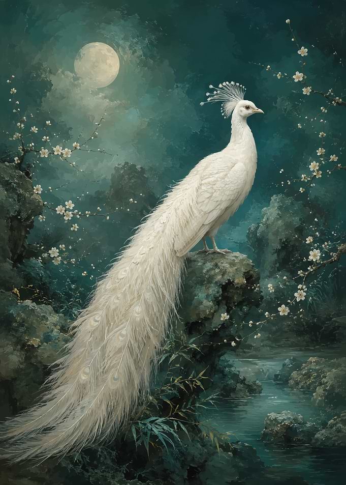 White Peacock Under the Moon