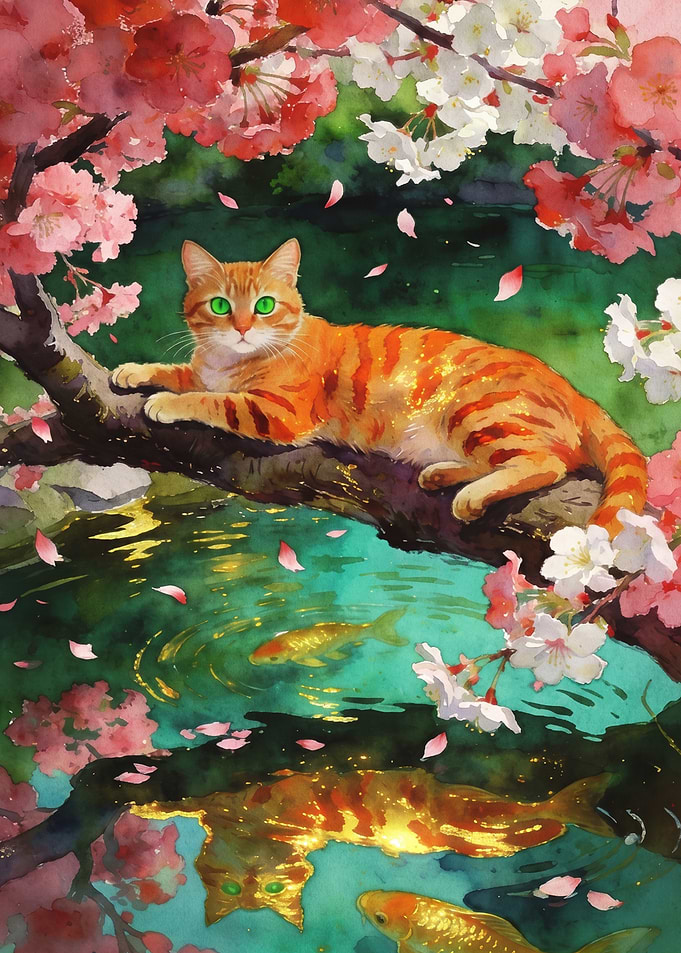 Orange Cat by Cherry Blossoms and Koi Pond
