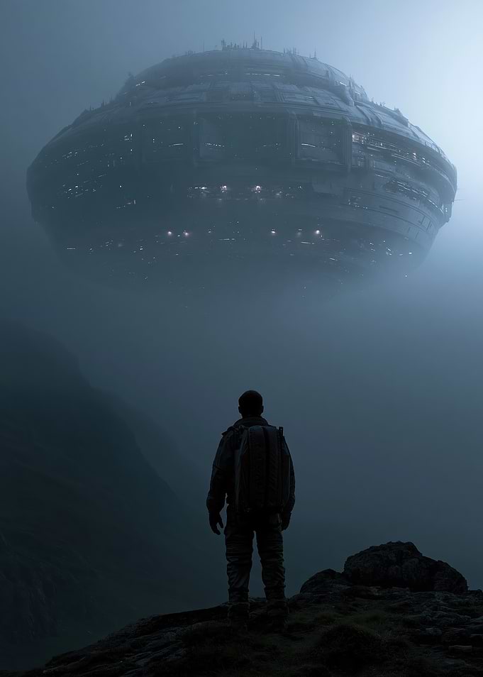 Alien Spaceship Over Misty Mountains