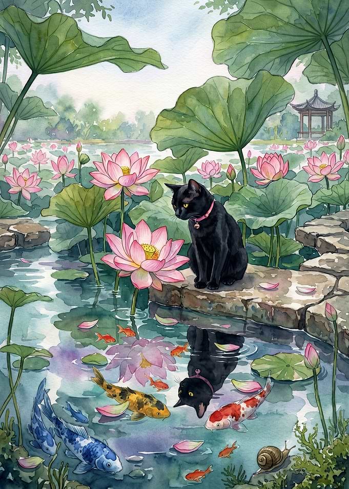 Black Cat and Koi Pond