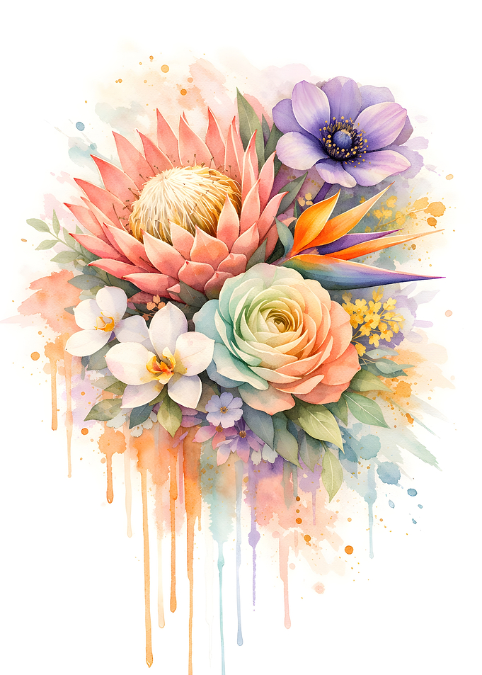 Watercolor Protea Rose Flower Bouquet