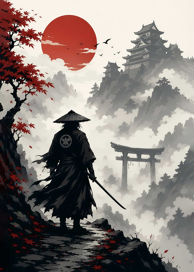 lone Samurai Warrior in Misty Mountains