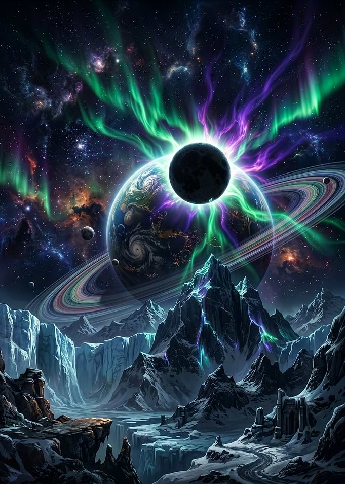 Sci-Fi Cosmic Eclipse & Aurora Alien Landscape