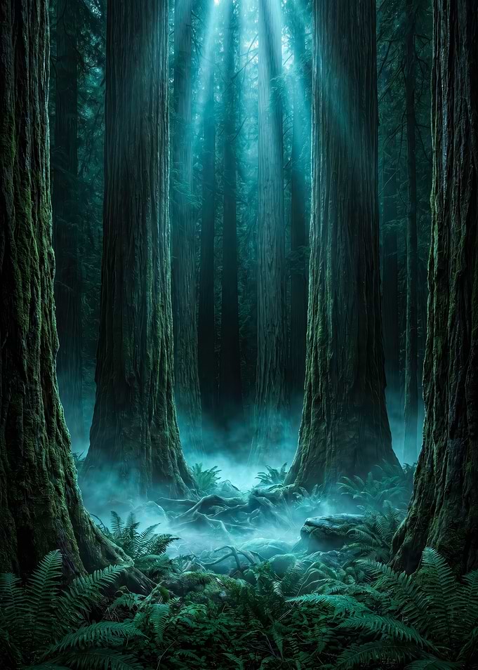 Misty Redwood Forest with Sunbeams