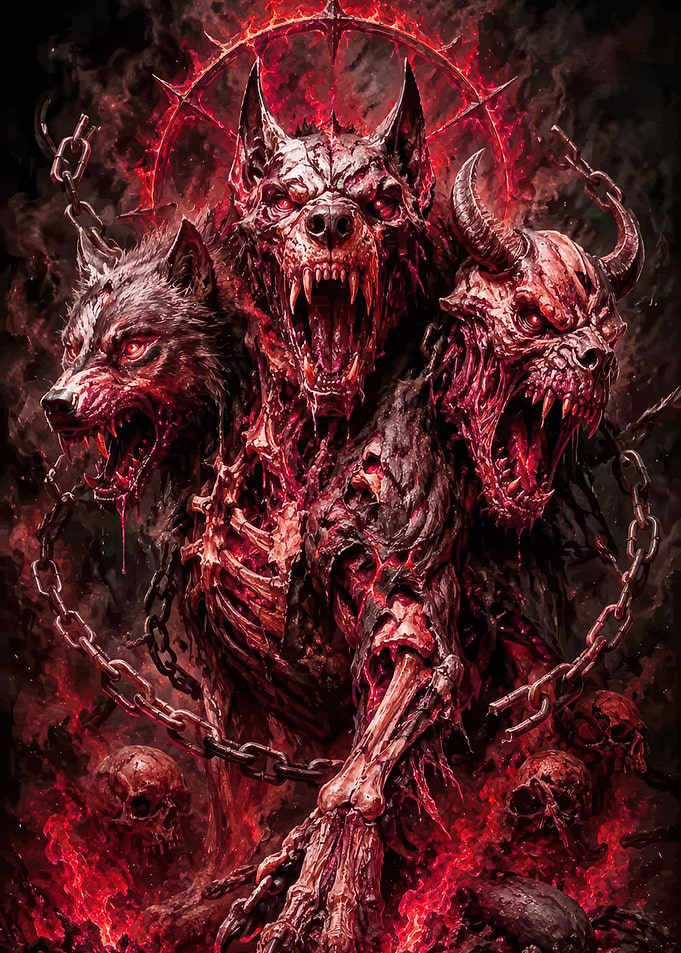 Three-Headed Hellhound with Skulls