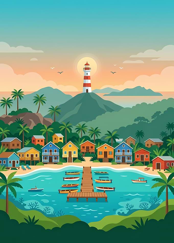 Tropical Island Village with Lighthouse