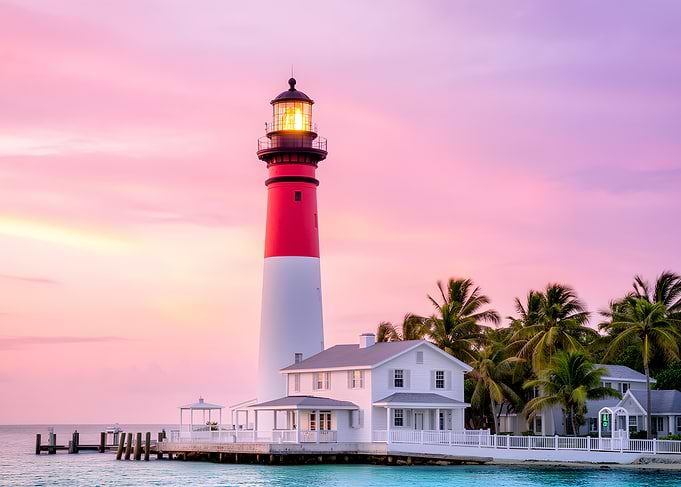 Lighthouse at Sunset with Palm Trees