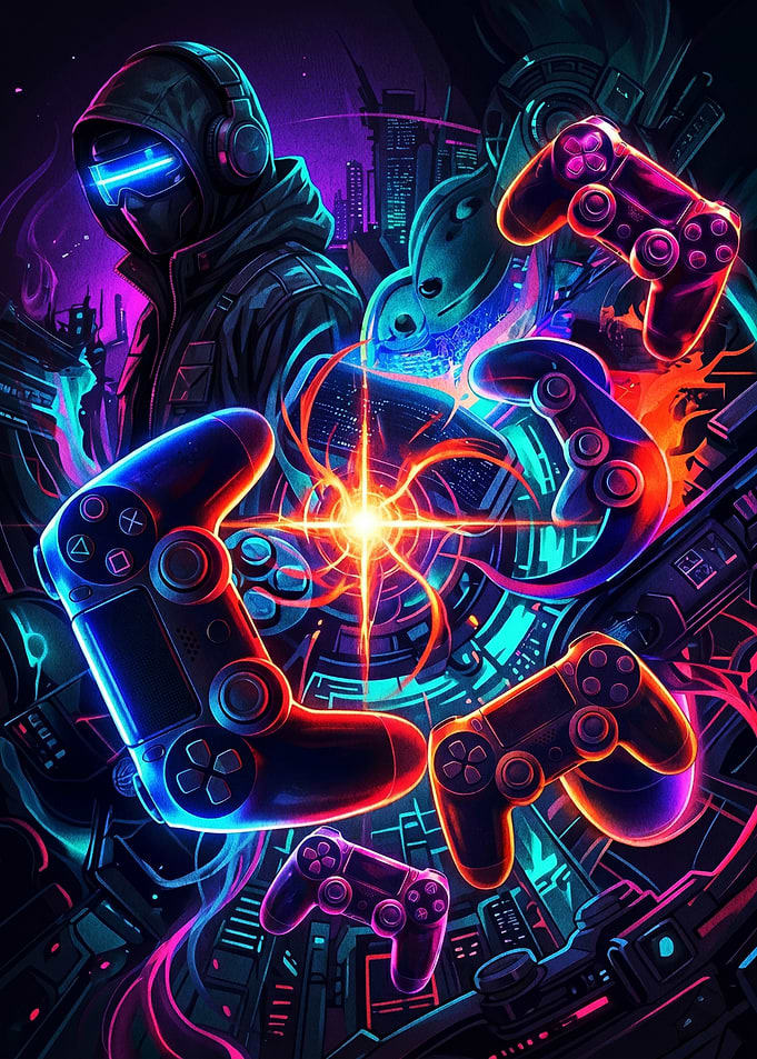 Cyberpunk Gamer with Controllers