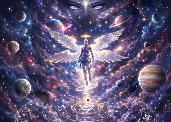 Cosmic Angel and Celestial Orbs