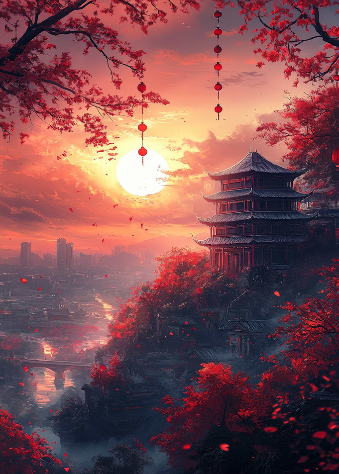 Serene Asian Pagoda at Sunset