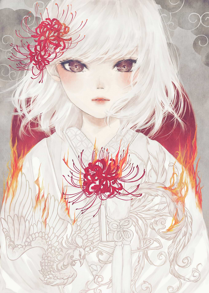 Anime Girl with Spider Lilies and Fire