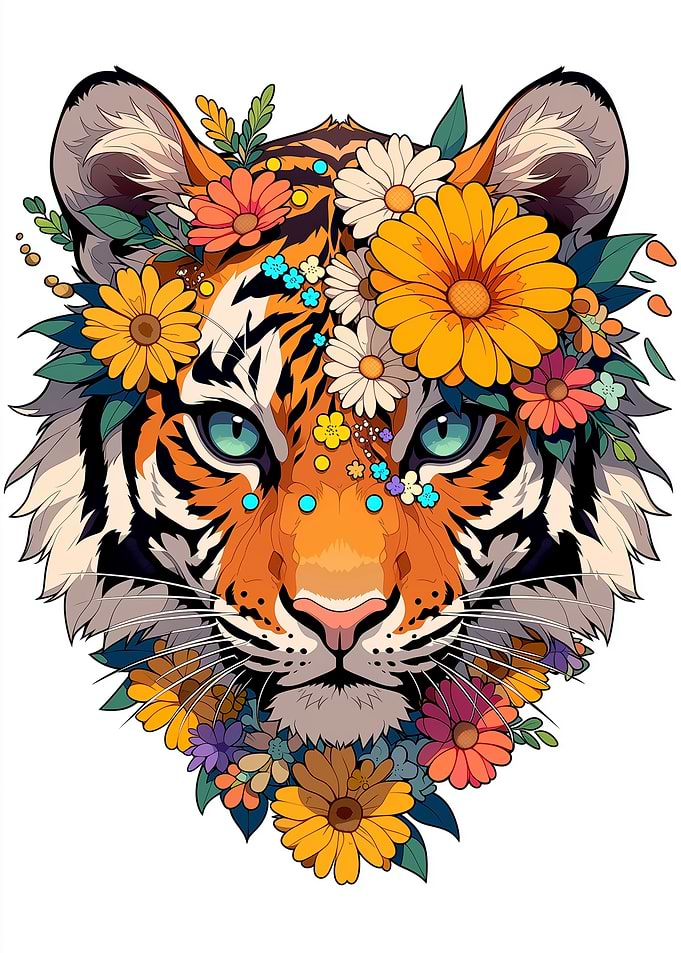 Tiger adorned with flowers