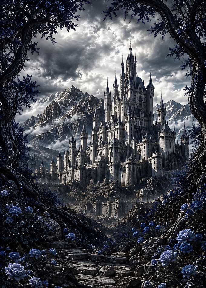 Enchanted Castle in a Blue Rose Garden