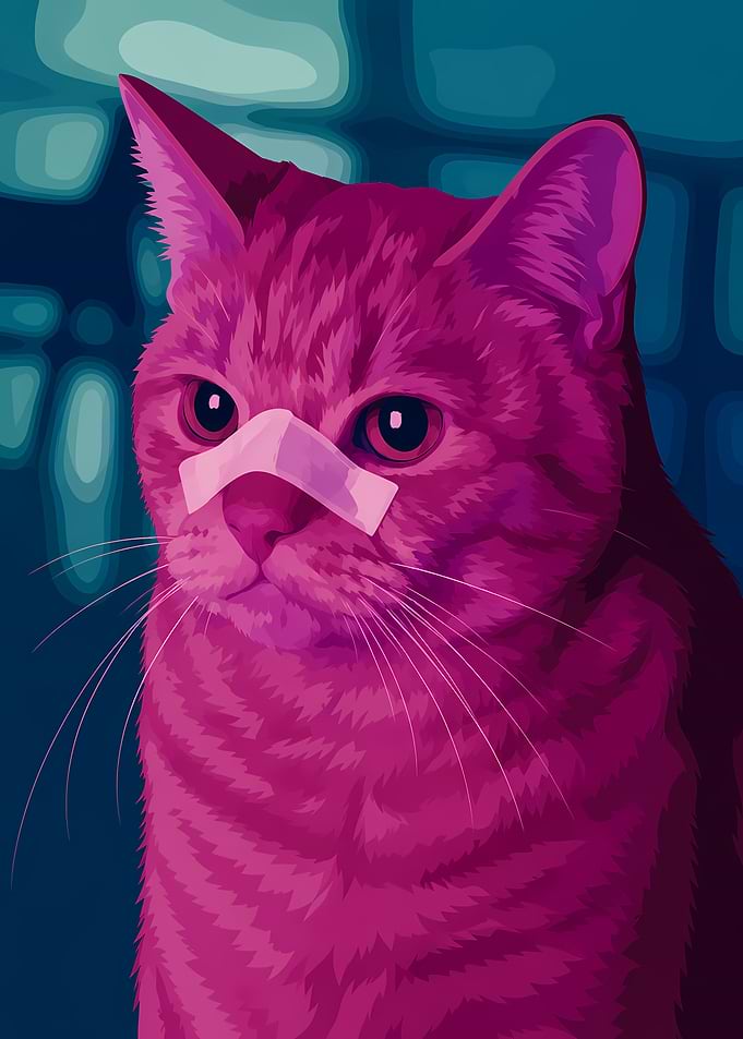 Pink Cat with Bandage on Nose