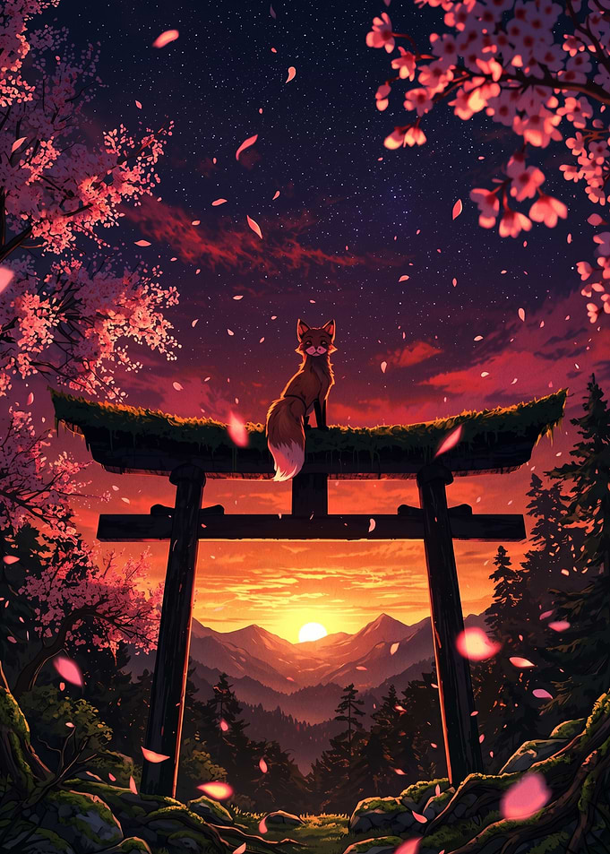 Fox on Torii Gate at Sunset