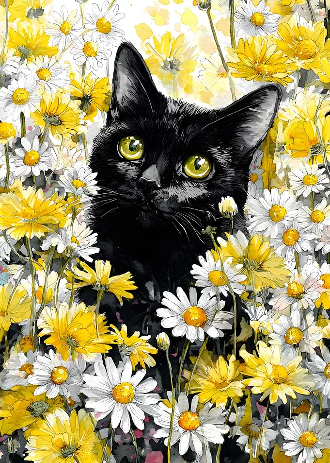 Black Cat in Daisy Field