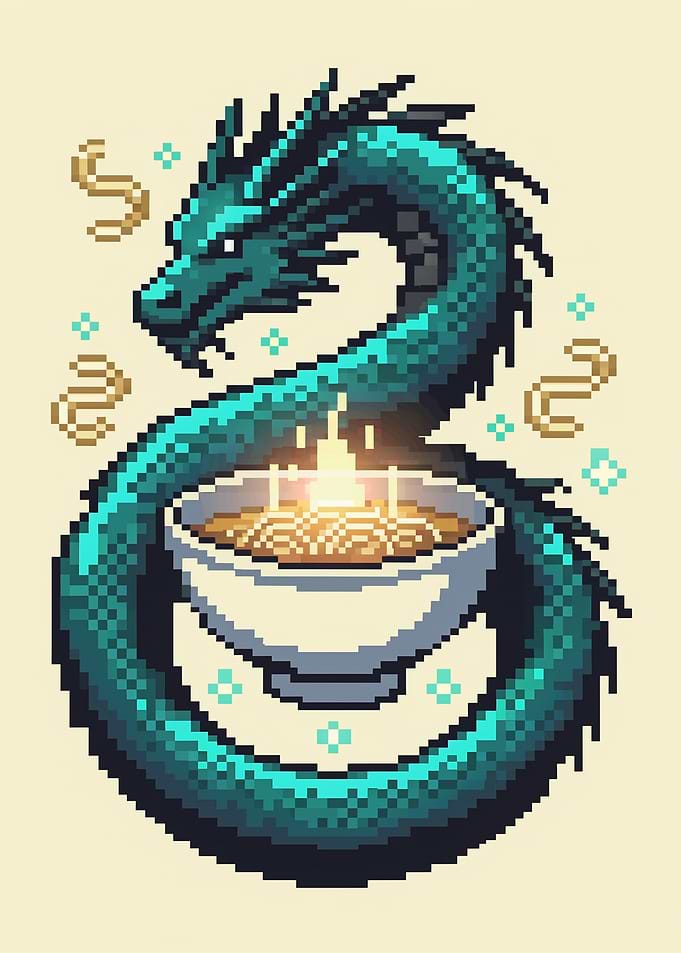 Pixel Art Dragon and Ramen Bowl
