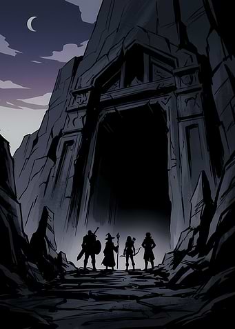 Adventurers at a Dark Cave Entrance