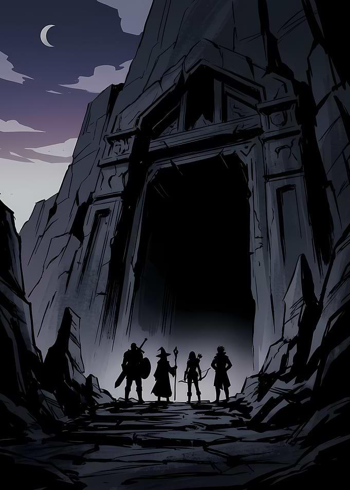 Adventurers at a Dark Cave Entrance