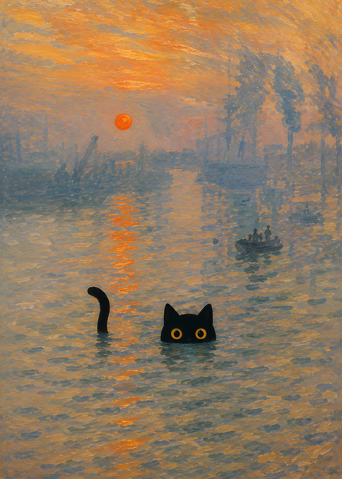 Black Cat in Impressionist Sunrise