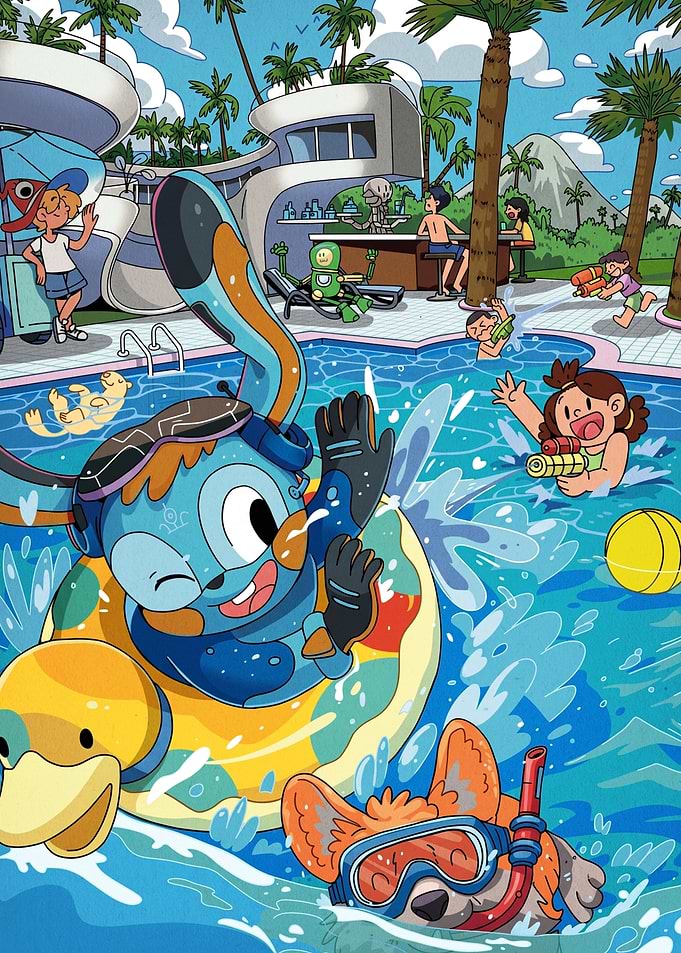 Cartoon characters enjoying a pool party
