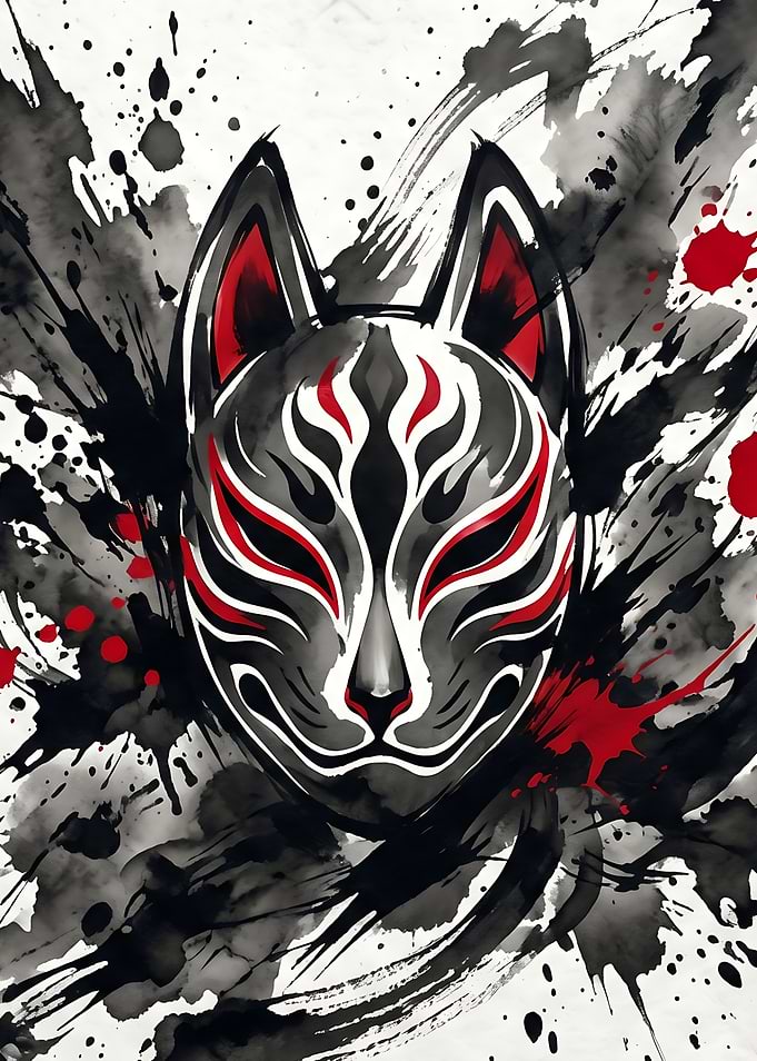 Japanese Fox Mask with Ink Splatter