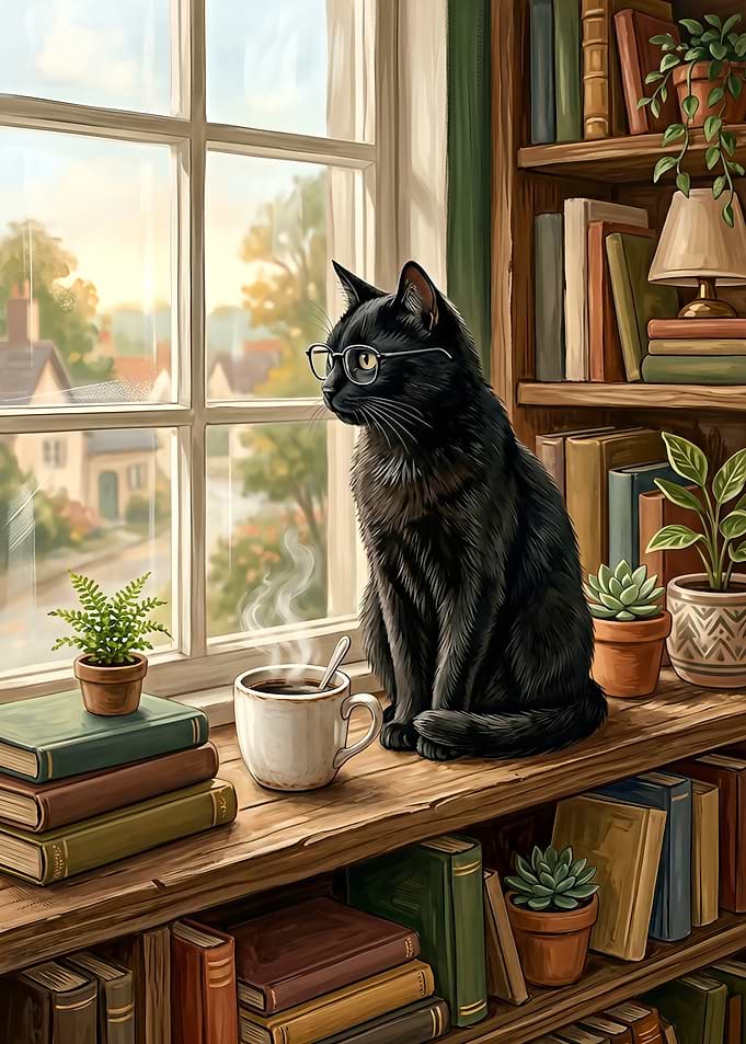 Black Cat with round Glasses by the Window