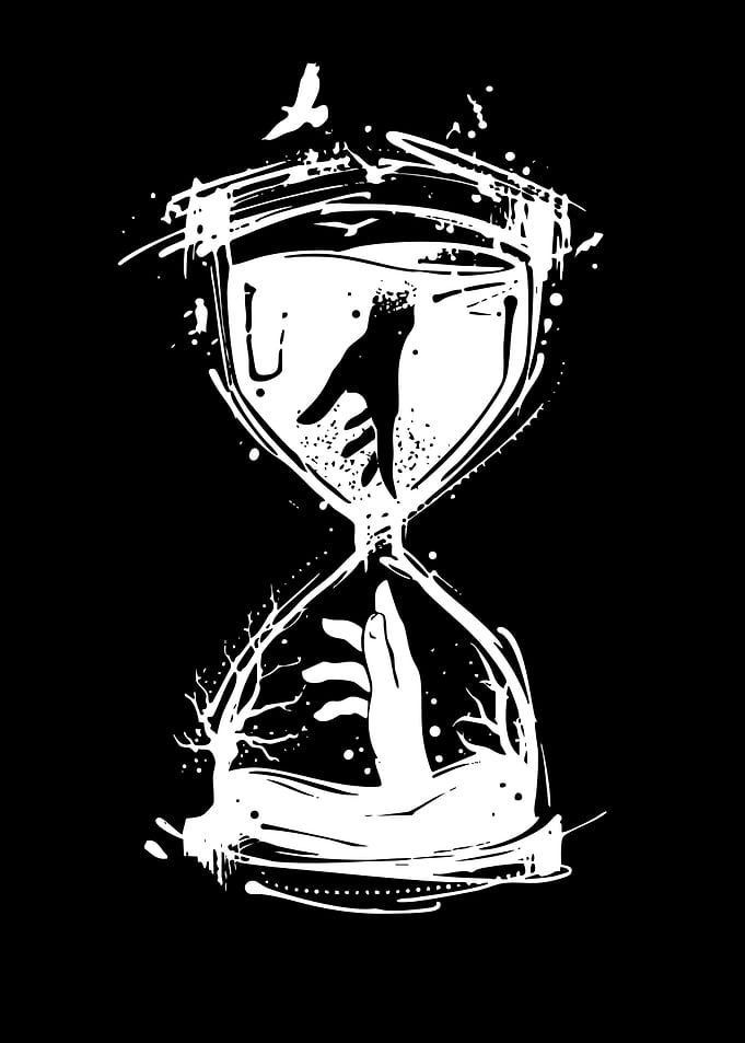 Hourglass with Reaching Hands and Birds