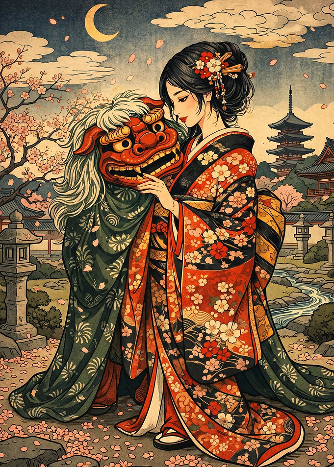 Woman in Kimono with Lion Mask