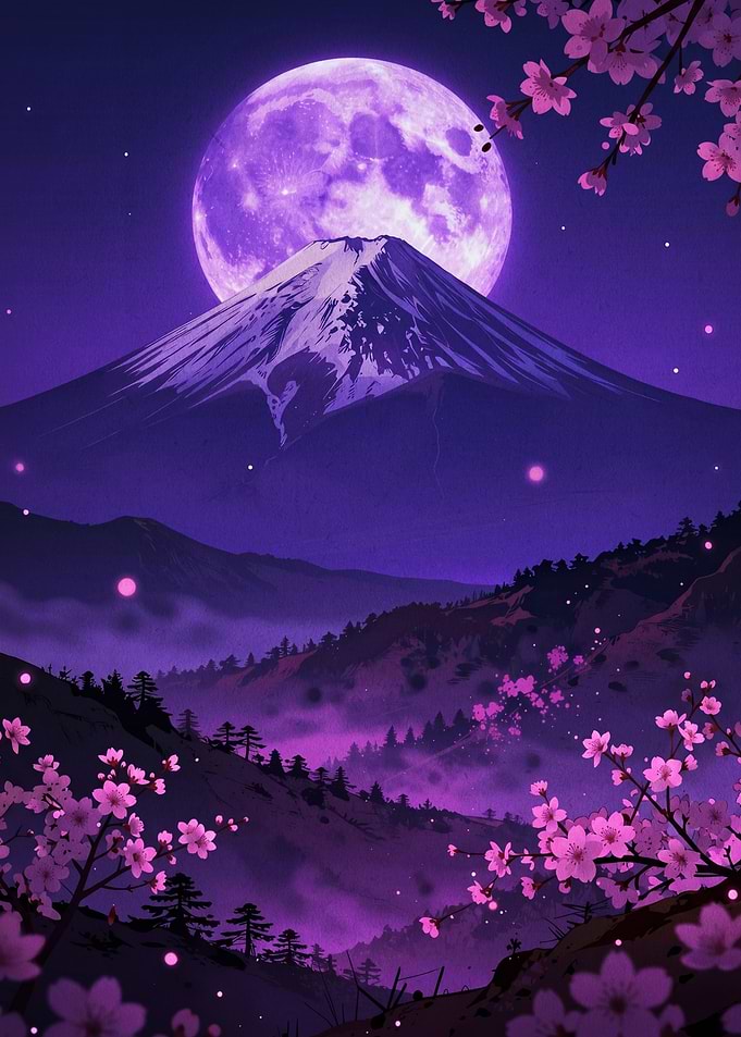 Purple Moonlit Mount Fuji Landscape