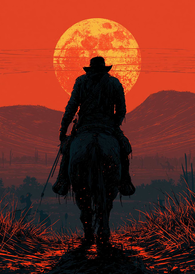 Cowboy Riding Horse Under a Large Moon