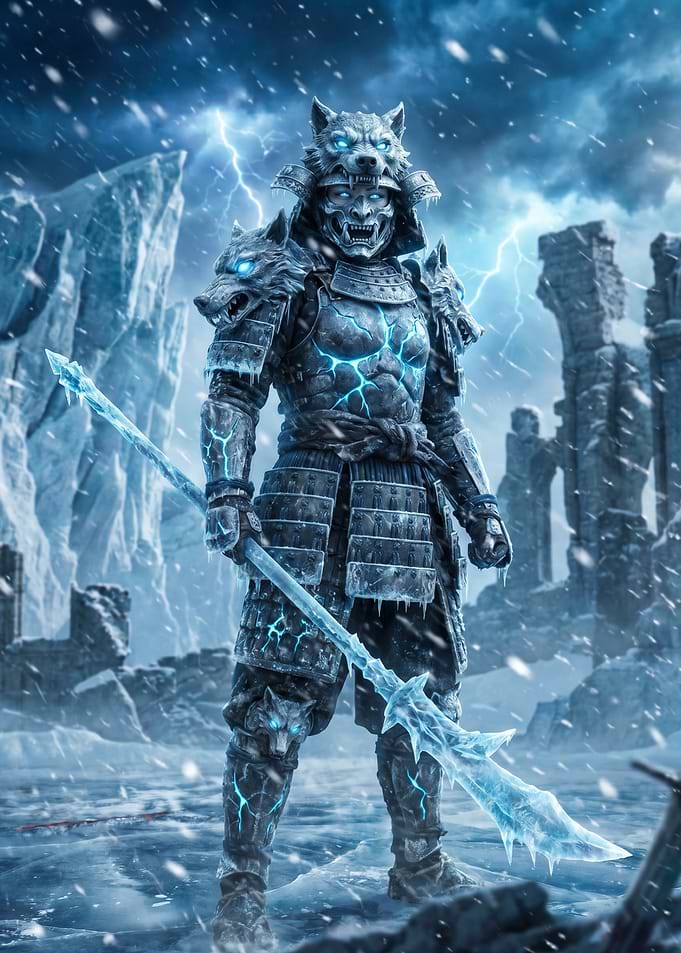 Ice Samurai Warrior with Wolf Armor