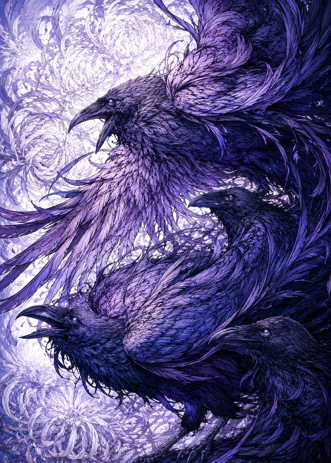 Three Ravens in Flight