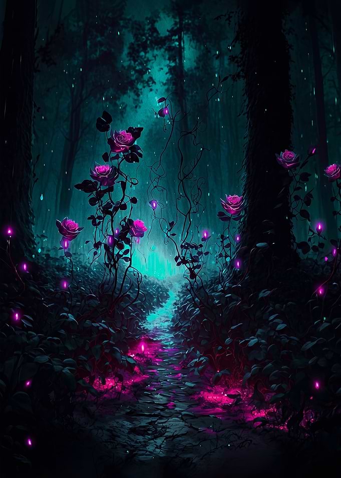 Enchanted Forest Path with Glowing Roses