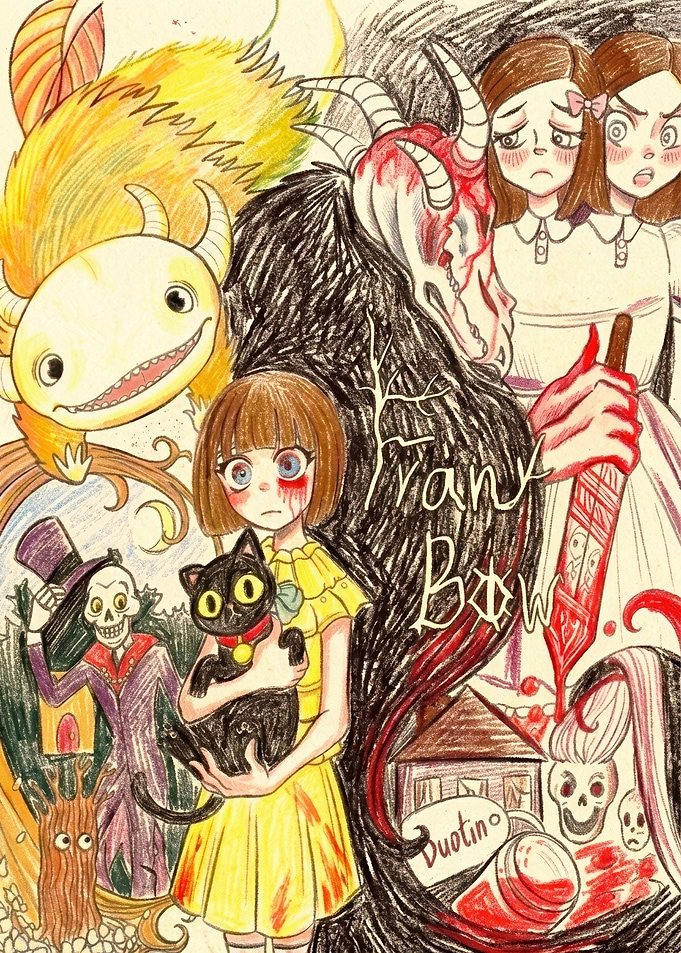 Creepy Girl with Black Cat and Monsters