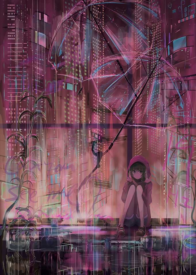 Girl in Rain with Umbrella