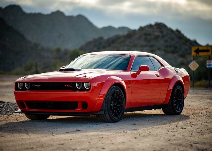 Red Dodge Challenger in Desert Landscape