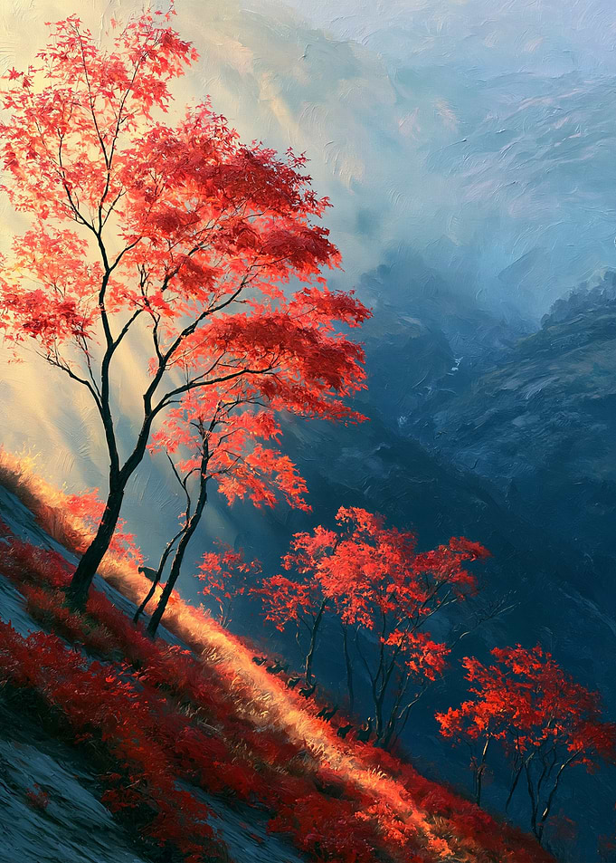 Vibrant Red Trees on a Misty Mountain Slope