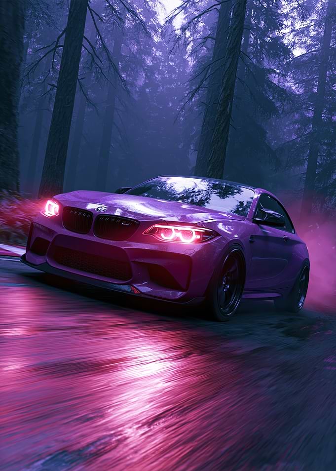 Purple BMW M2 in Foggy Forest