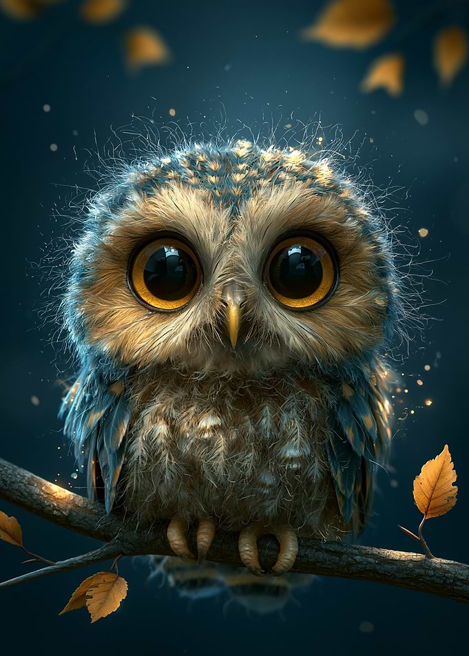Cute Fluffy Owl on a Branch