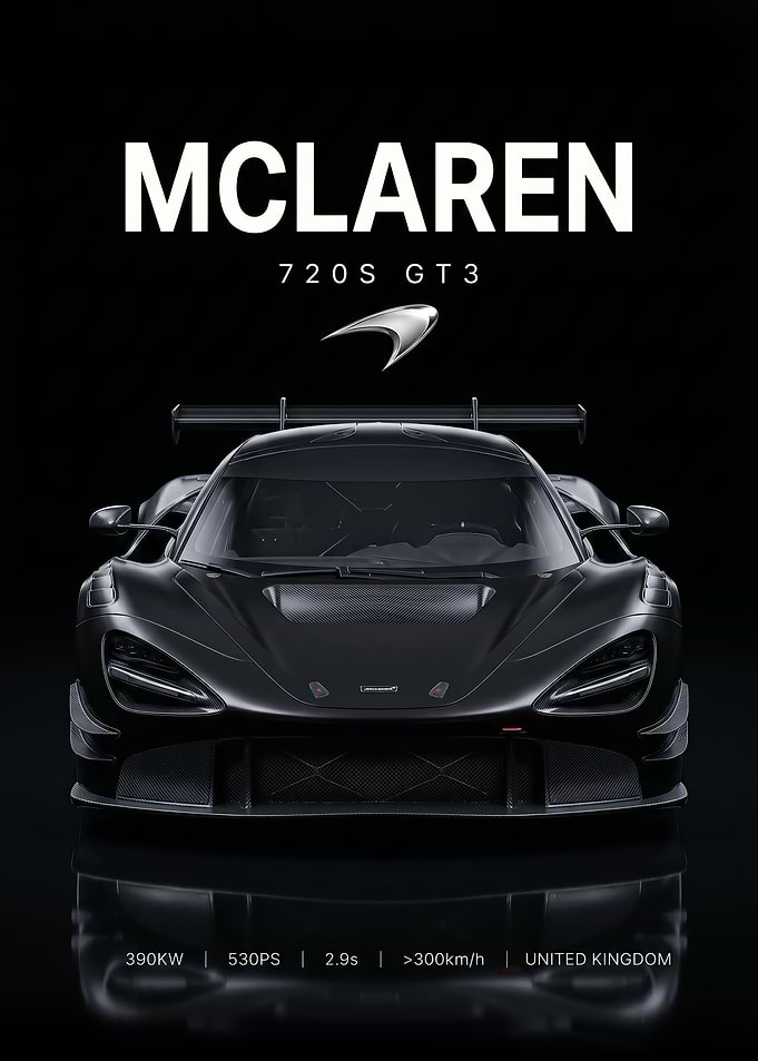 sleek race McLaren 720S GT3 black car poster