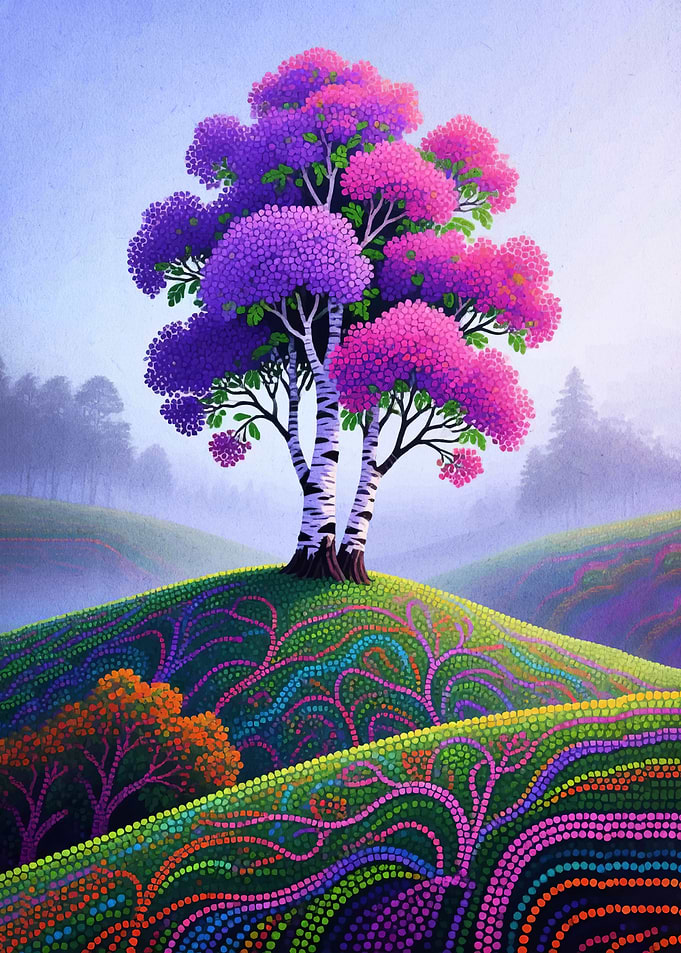 Whimsical Tree with Colorful Hills