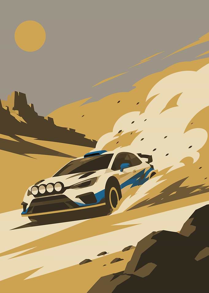 Rally Car Racing Through Desert Landscape