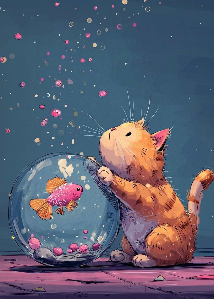 Cat and Goldfish in a Bowl