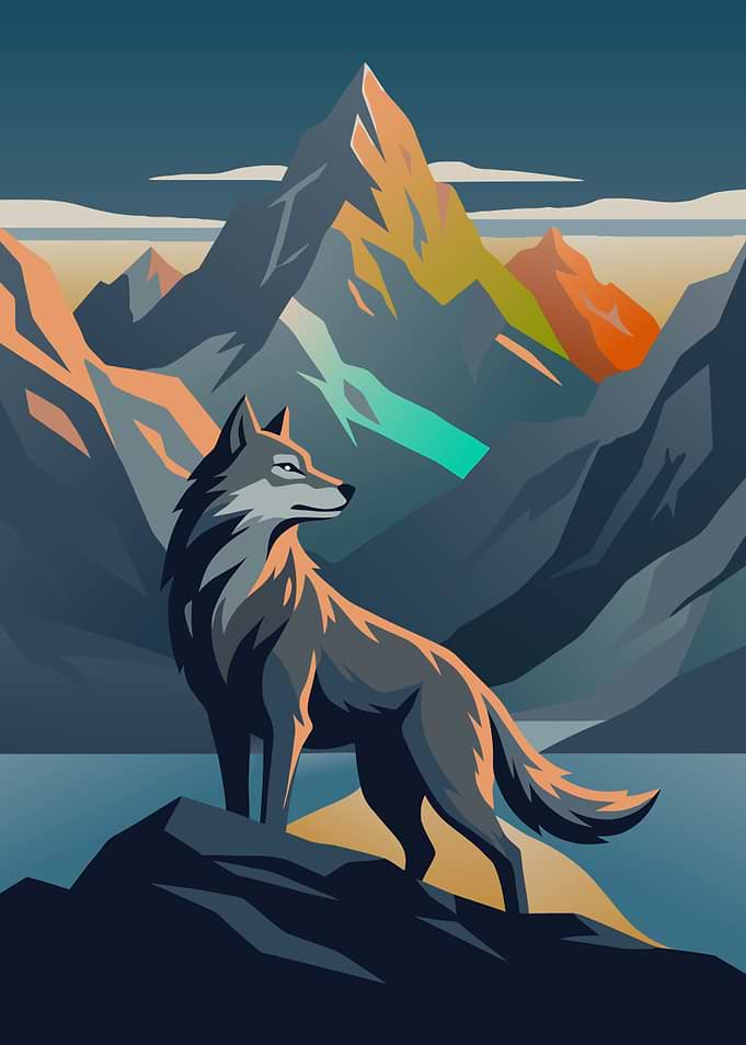Majestic Mountain Wolf Geometric Vector Poster